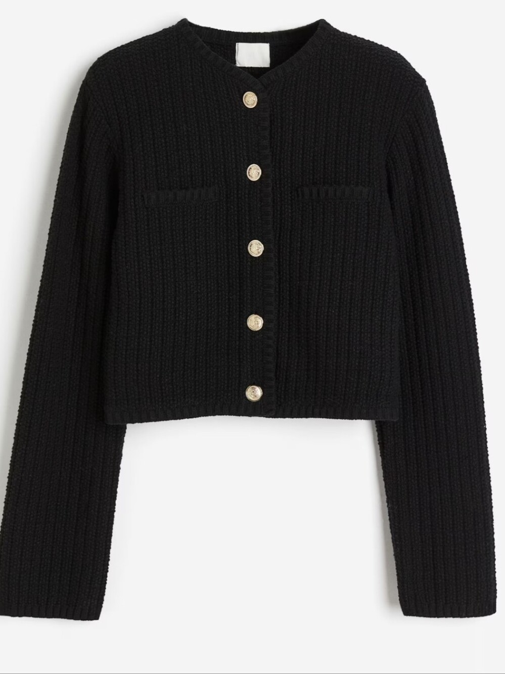 Chic H&M Black Textured Knit Cardigan Sweater Crest Button Details